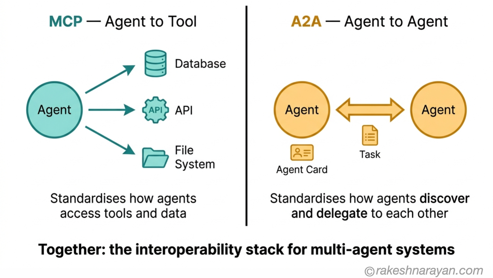 MCP vs A2A split diagram on white background showing MCP connecting an agent to tools on the left and A2A connecting two agents to each other on the right with the two protocols forming the interoperability stack