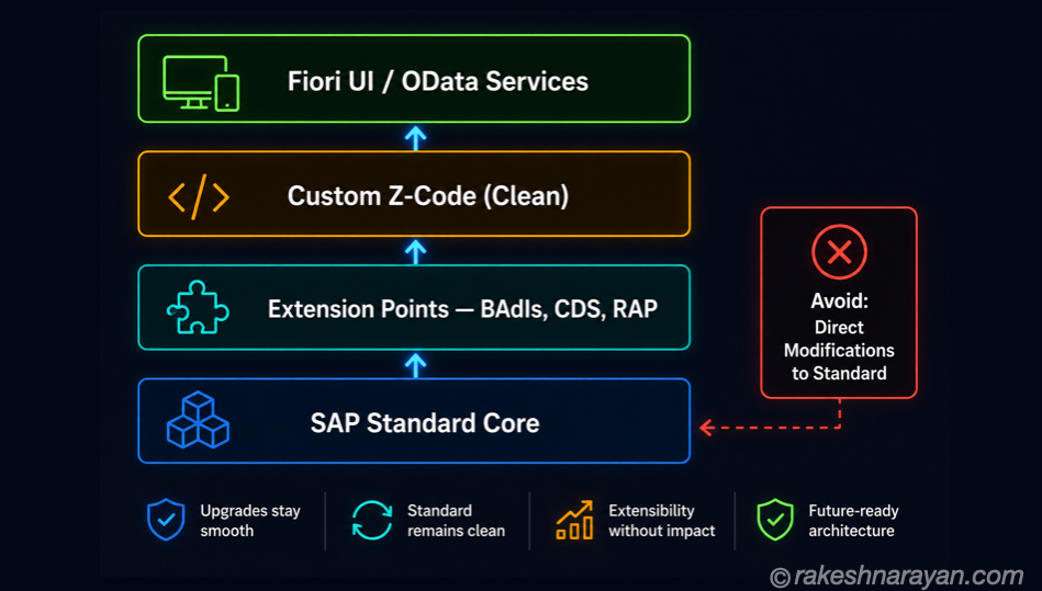 Clean Core architecture diagram showing SAP standard at the base, extension points in the middle, and clean custom code at the top