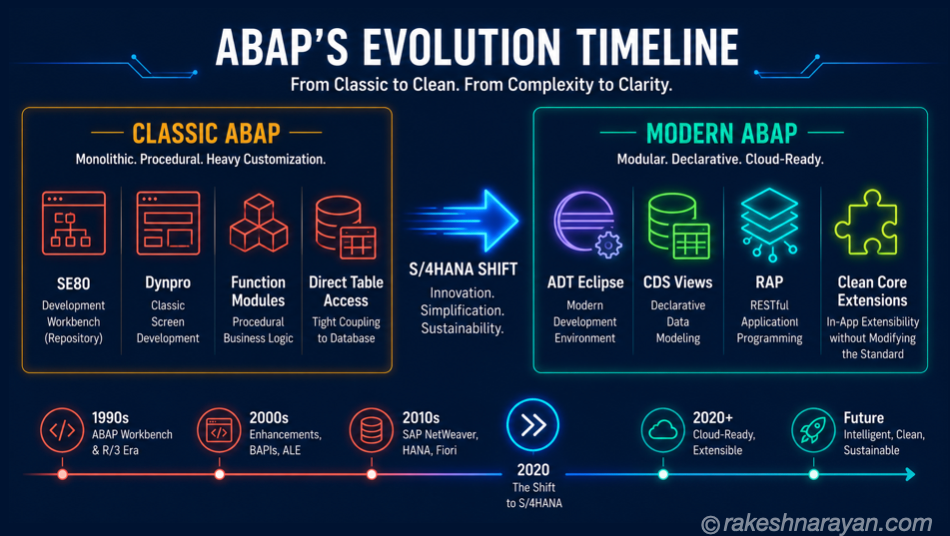 Timeline diagram showing ABAP's evolution from classic SE80 development to modern ADT, CDS Views, and RAP