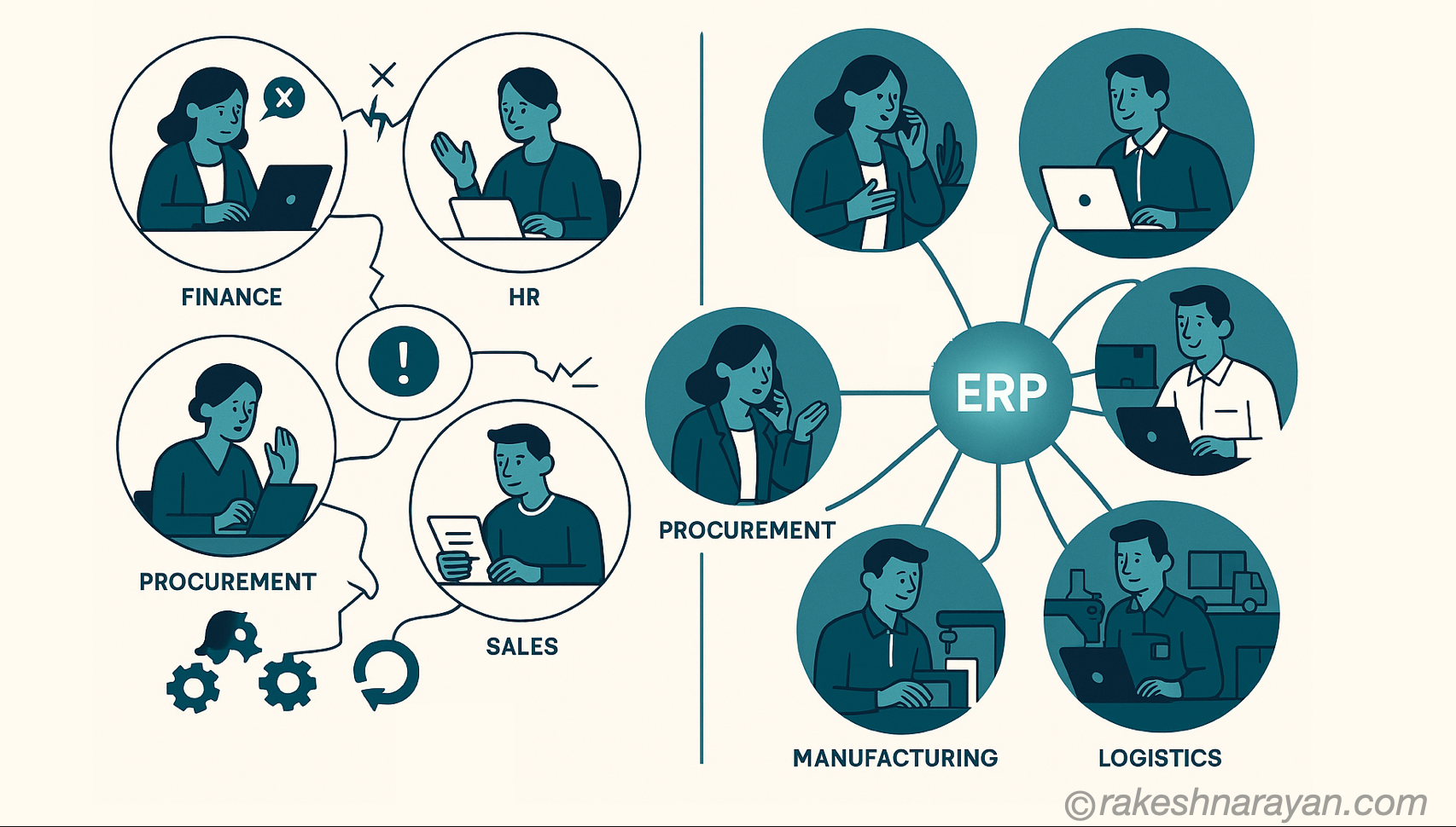 What is ERP — How Enterprise Resource Planning Connects a Business ERP system connecting all business departments including Finance, HR, Procurement and Logistics into one integrated platform — rakeshnarayan.com