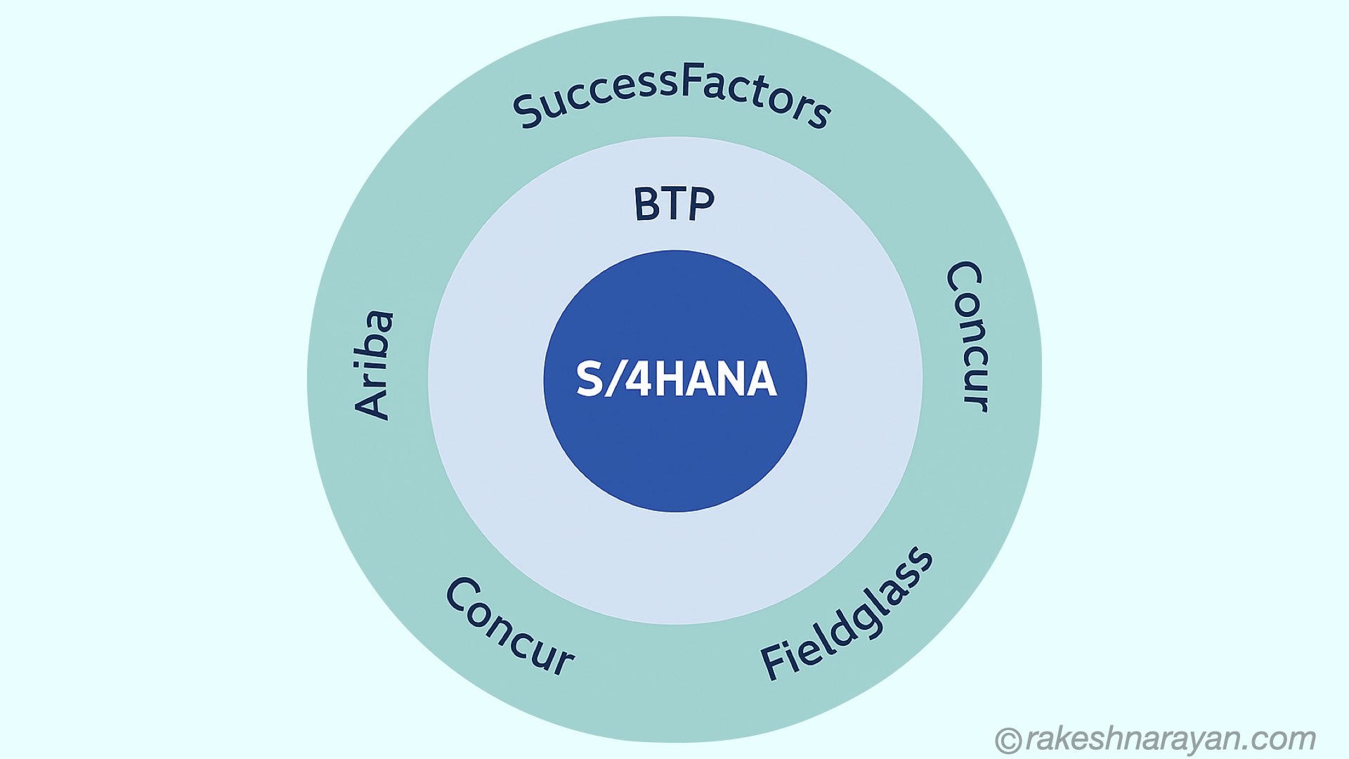 SAP product ecosystem map showing S/4HANA at the core surrounded by BTP, SuccessFactors, Ariba, Concur and Fieldglass — rakeshnarayan.com